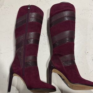 Vince Camuto Burgundy Heeled Boots with Textured Stripes